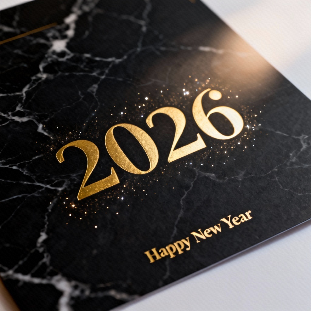 Luxury 2026 New Year card with gold foil on black marble