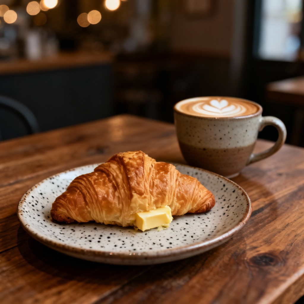 AI cafe scene with latte art and flaky croissant