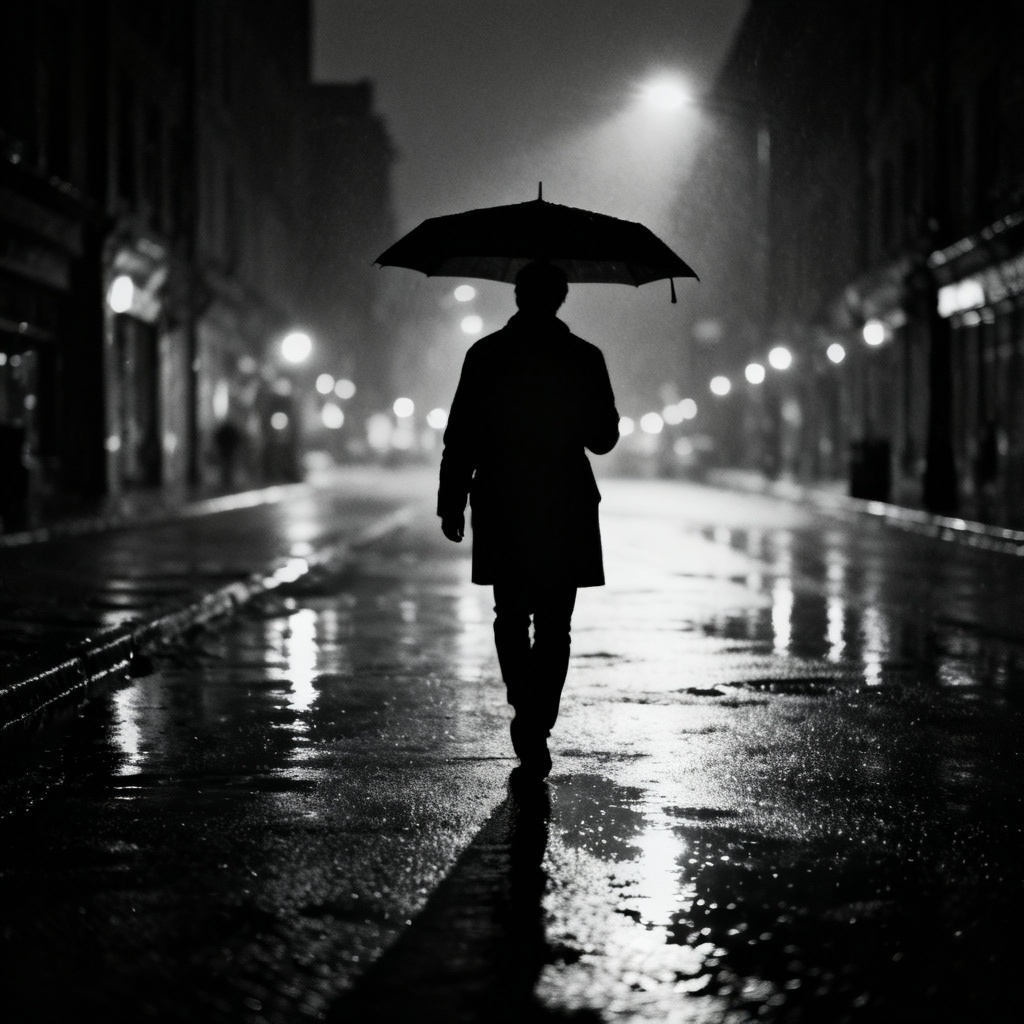 AI black and white street photography with film noir contrast