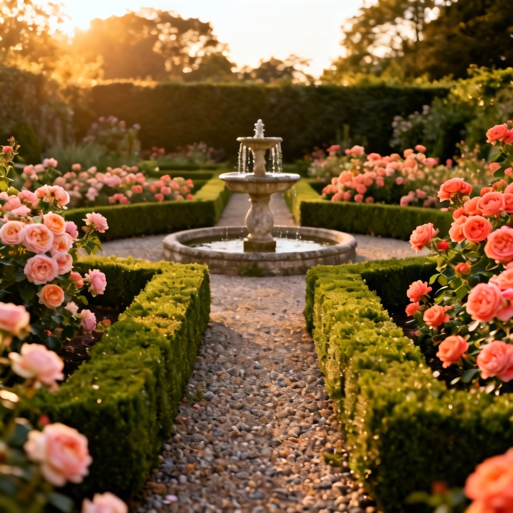 AI English rose parterre with boxwood borders and central fountain at golden hour