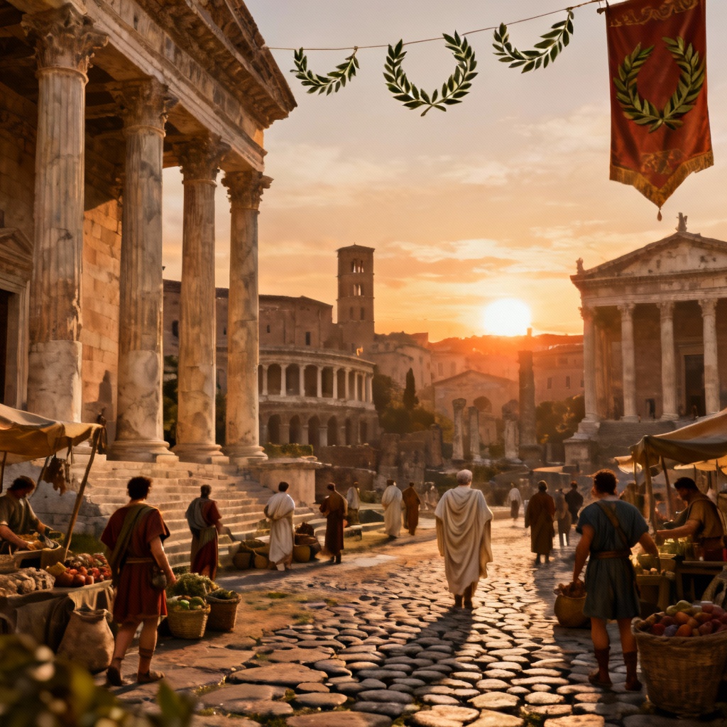 AI Roman Forum ancient city scene at sunrise
