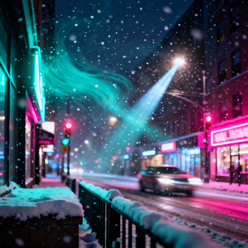 AI cinematic night snowfall in city