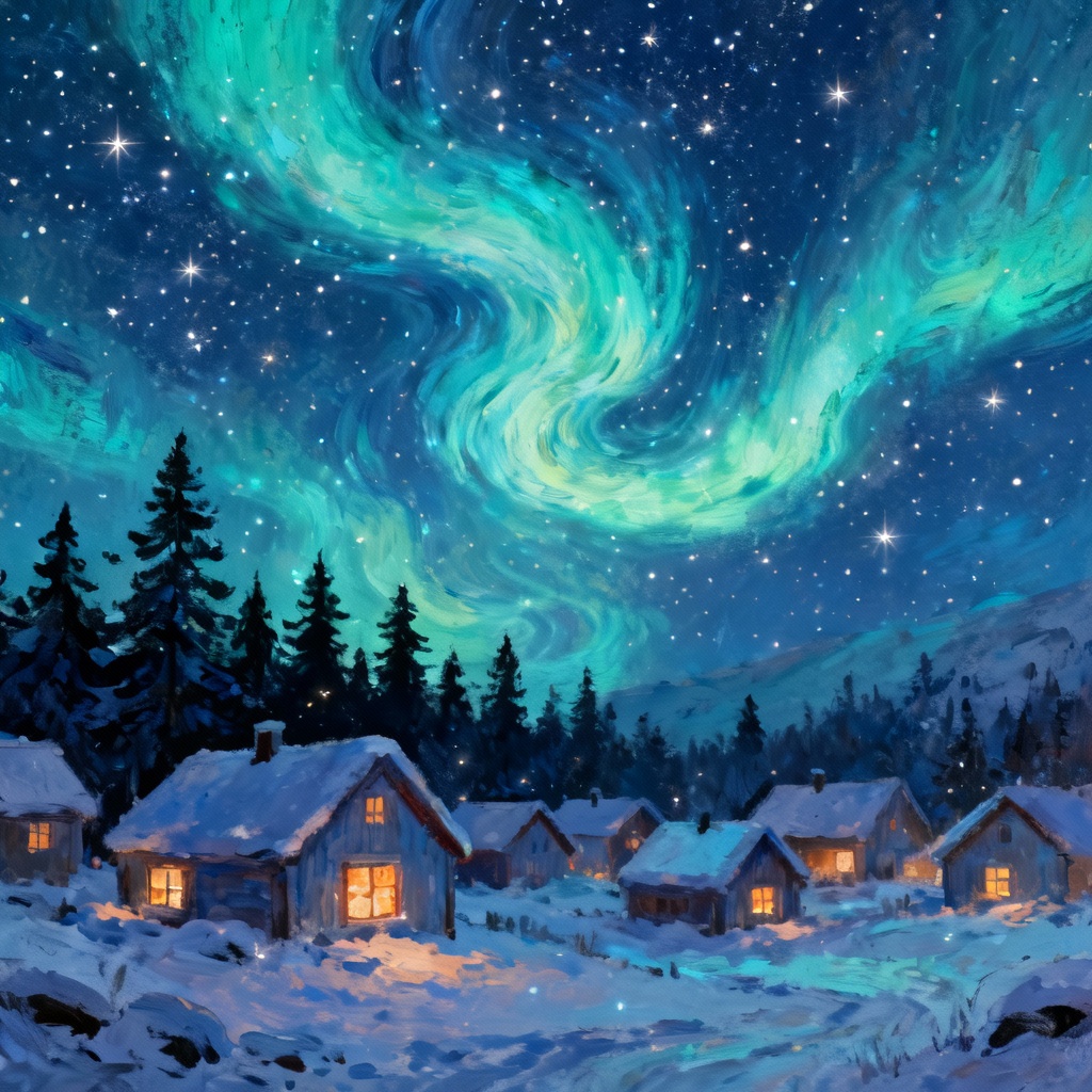 AI Nordic Christmas village under aurora desktop wallpaper