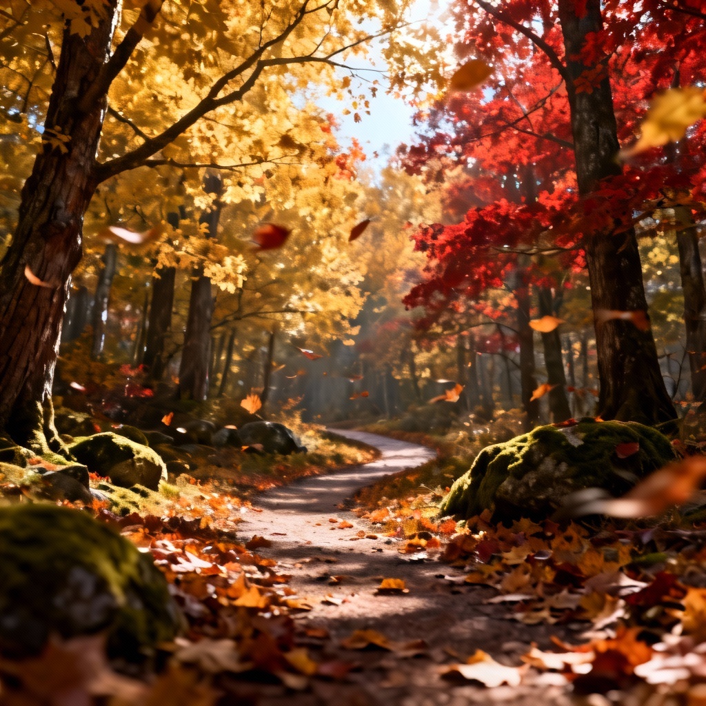 Autumn woodland path lined with golden deciduous trees