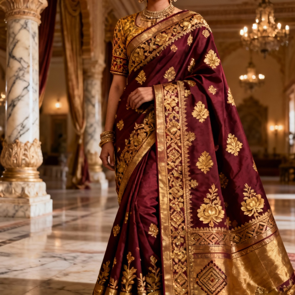 AI Banarasi maroon saree with golden zari