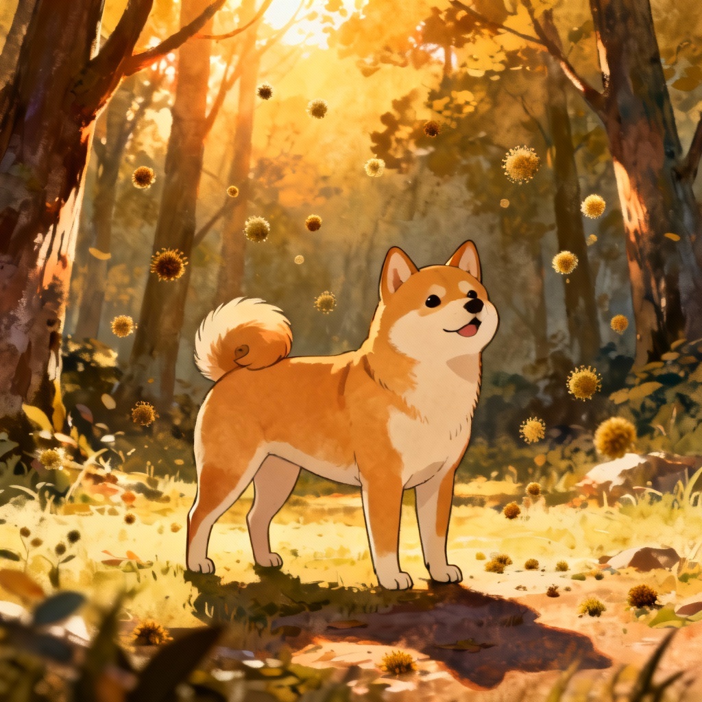 Anime shiba in a sunlit forest clearing