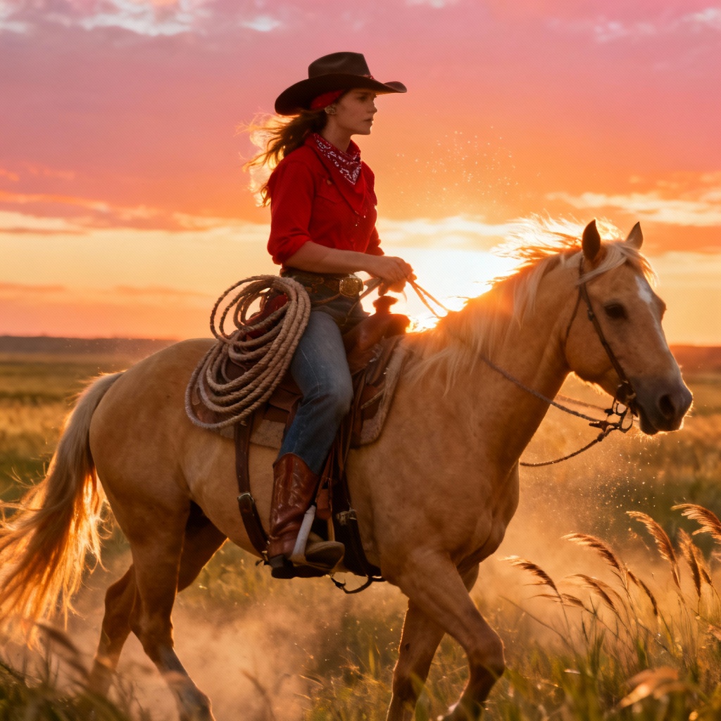 AI cowgirl riding horse on dusty trail