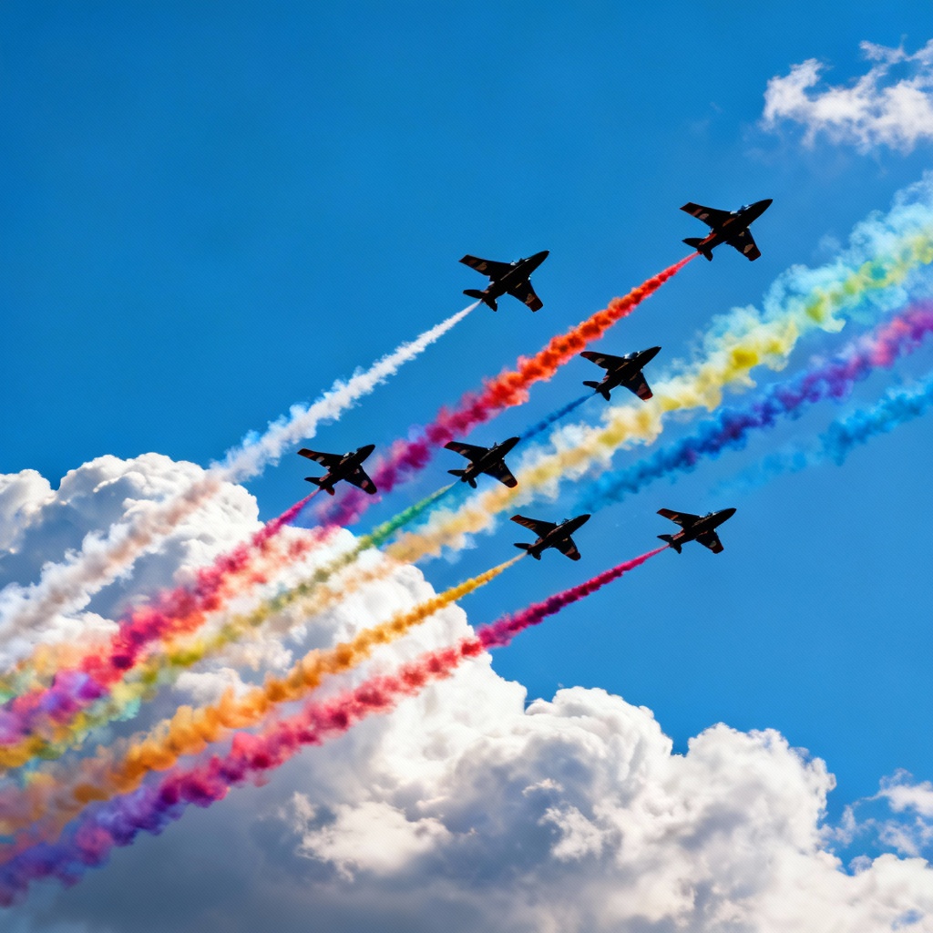 AI colorful aerobatic jets drawing smoke patterns