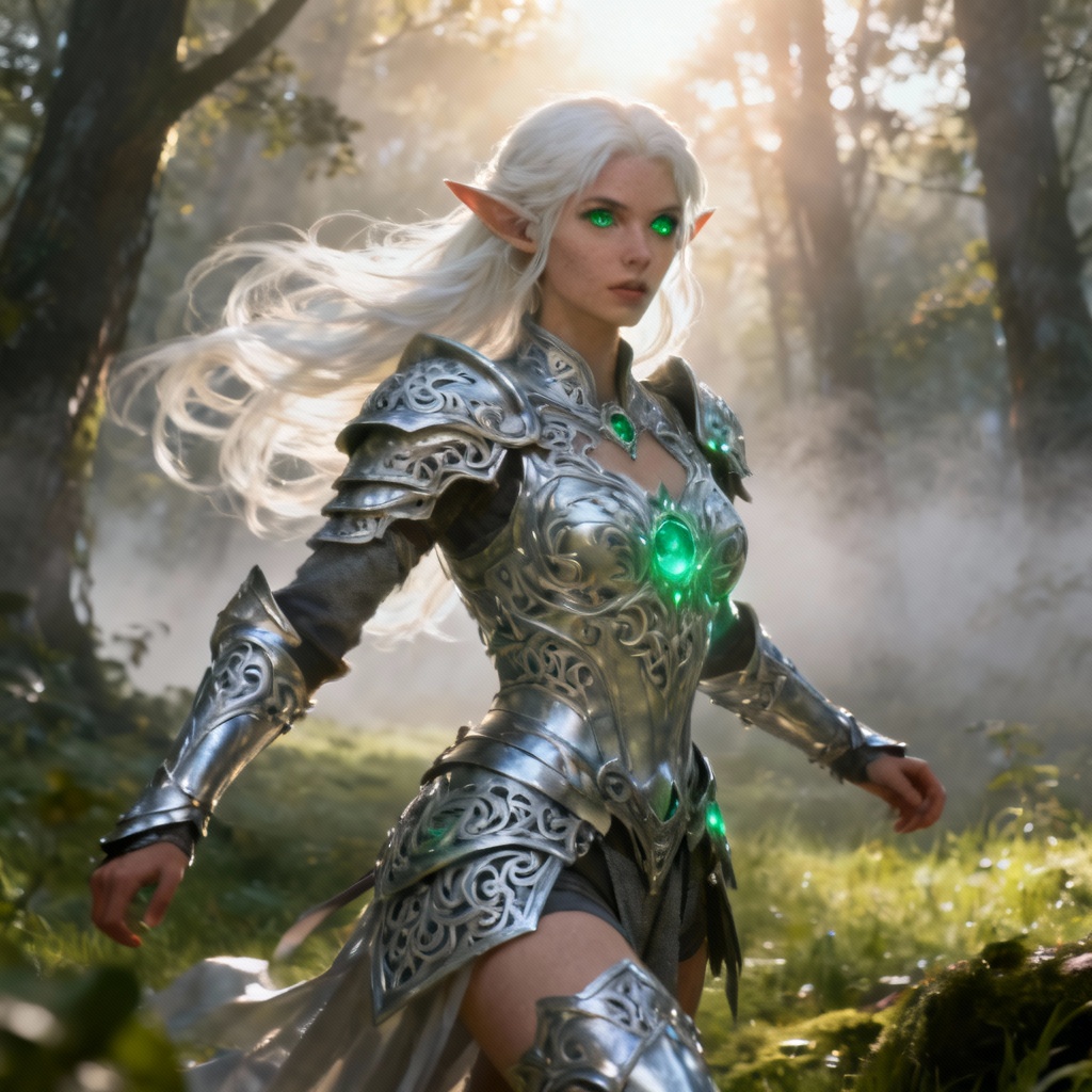 AI fantasy elf girl warrior in forest