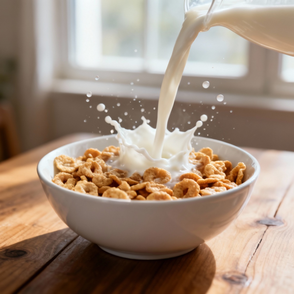 AI cereal bowl with milk pouring and splash