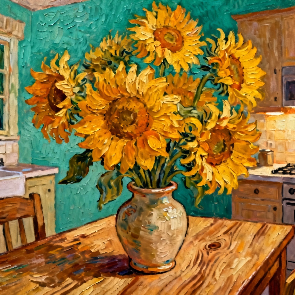 AI Van Gogh sunflower still life on kitchen table
