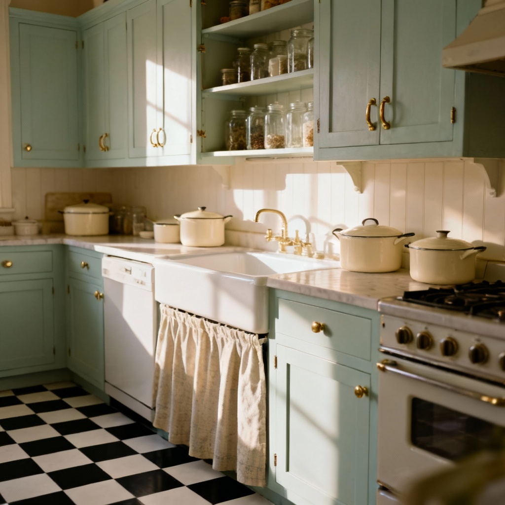 AI vintage farmhouse kitchen with pastel cabinets and checkerboard floor