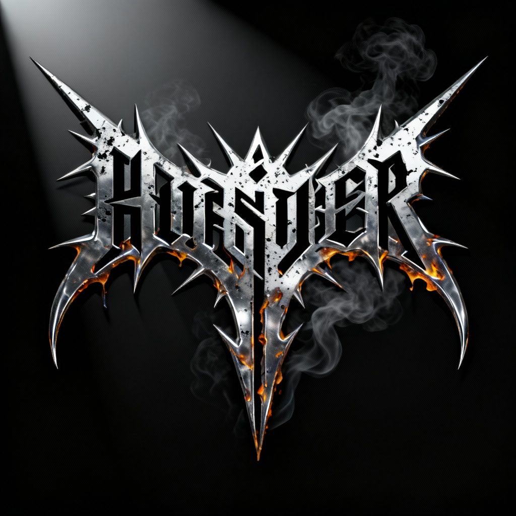 AI metal band logo with molten chrome spiky lettering on black background