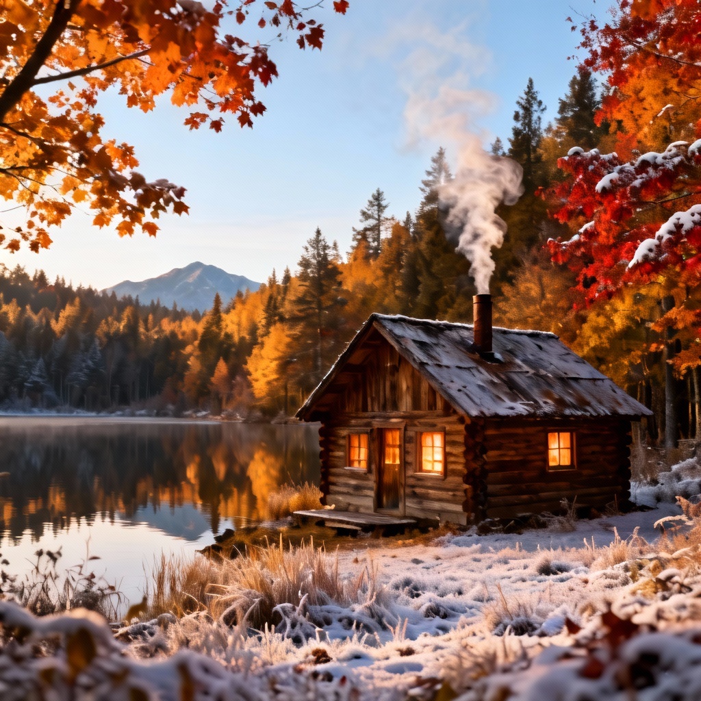 AI cozy autumn cabin by a lake with first snow