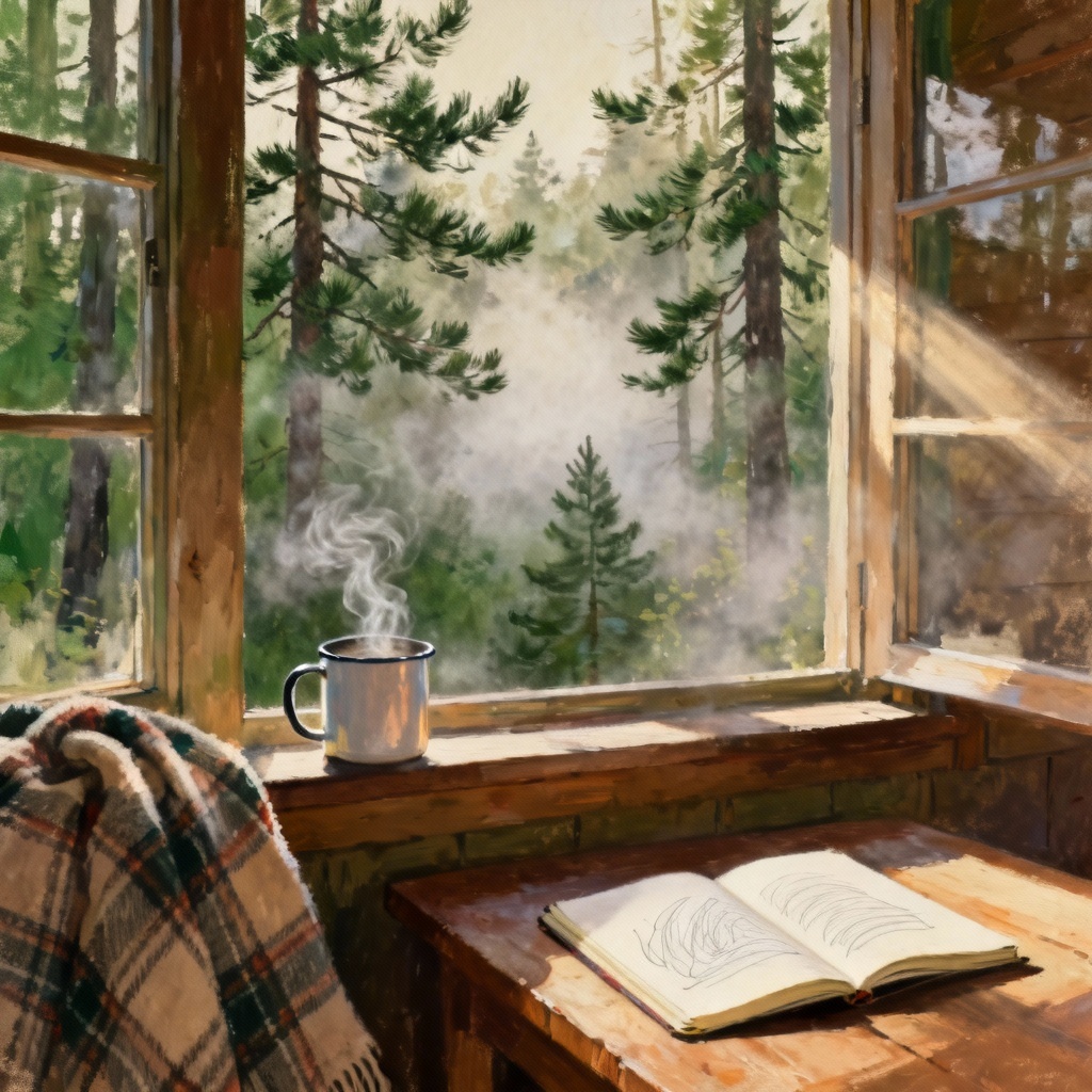 AI forest cabin morning lofi scene