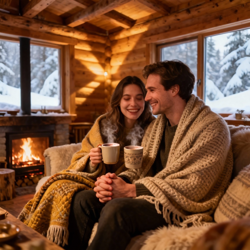 AI couple in a winter cabin with warm cocoa