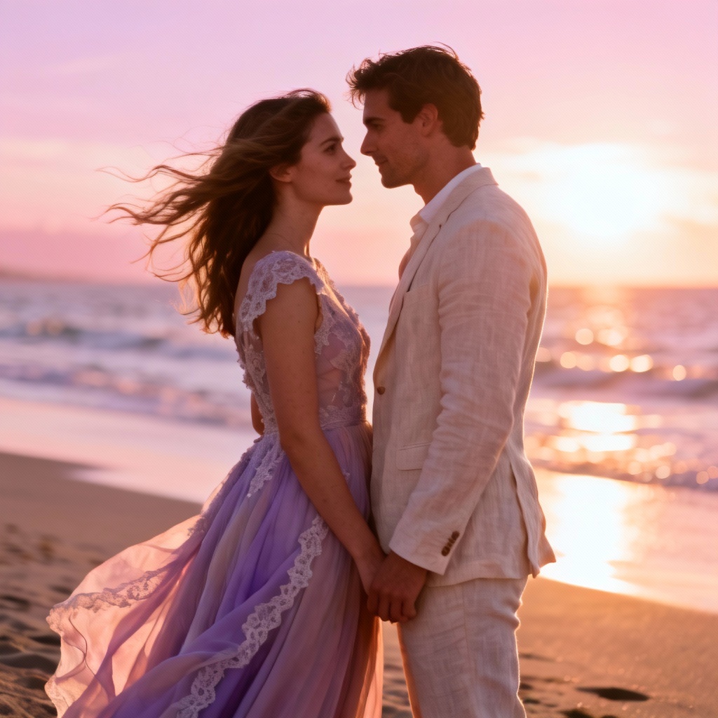 AI prewedding generator romantic beach sunset couple