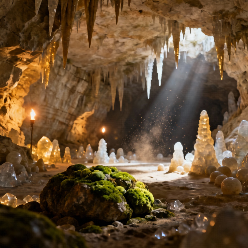 AI ancient limestone chamber with stalactites and warm torchlight