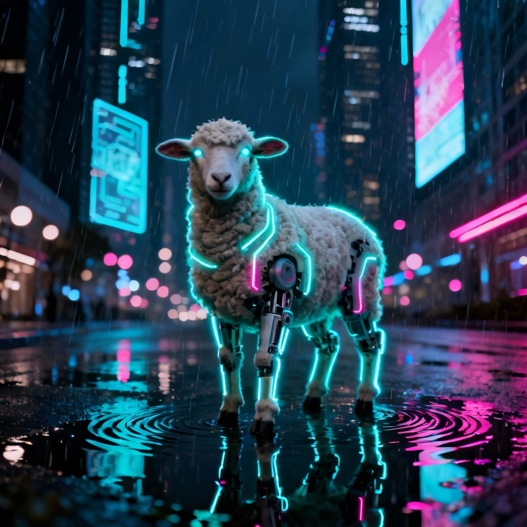 AI cyberpunk neon lamb in futuristic city