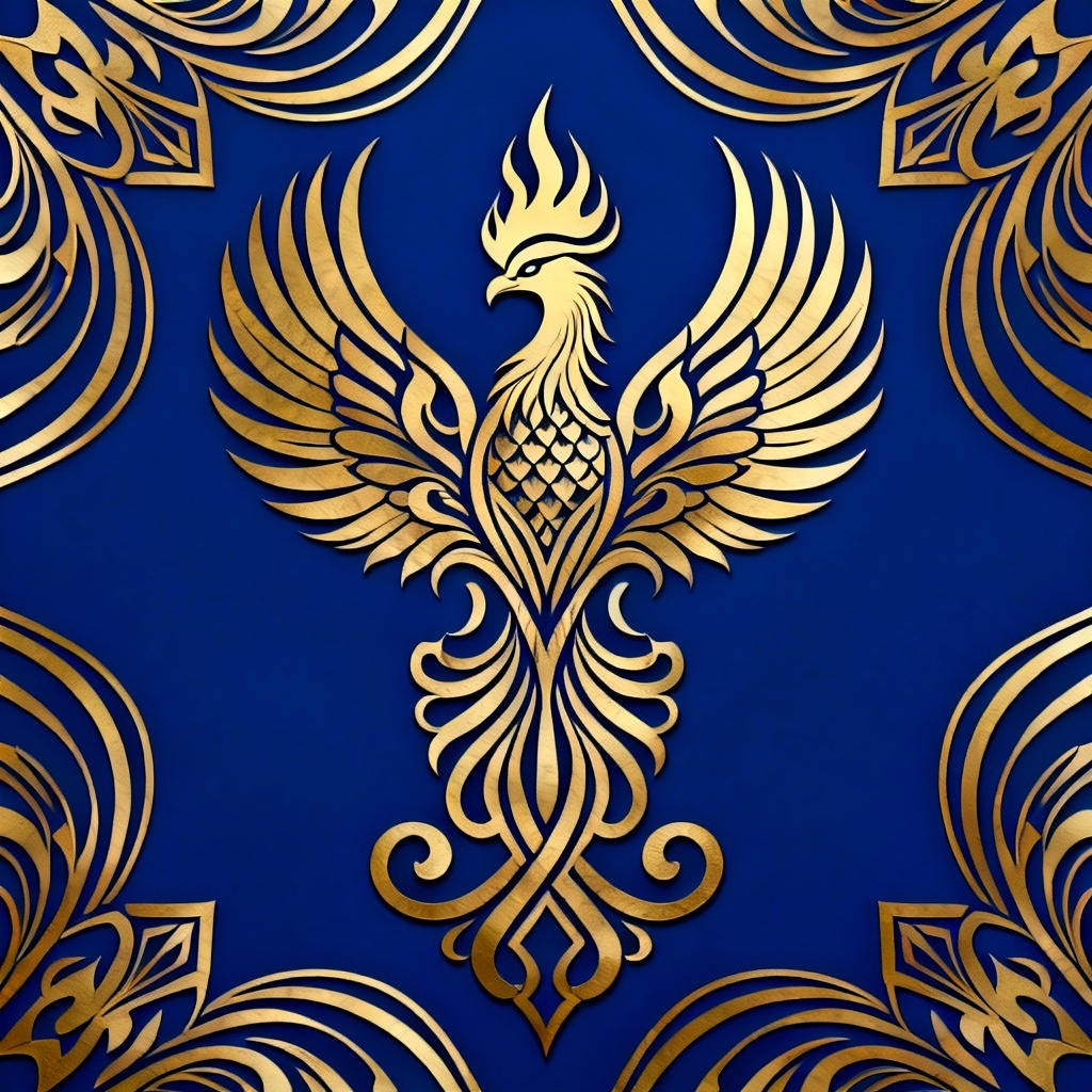 AI Phoenix Seamless Pattern in Gold and Azure