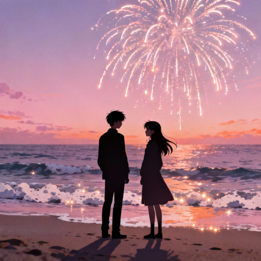 AI anime beach silhouette with fireworks over the ocean