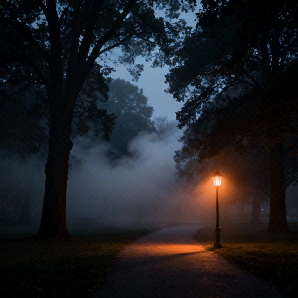 AI dark atmosphere image of a foggy park path lit by a single lantern