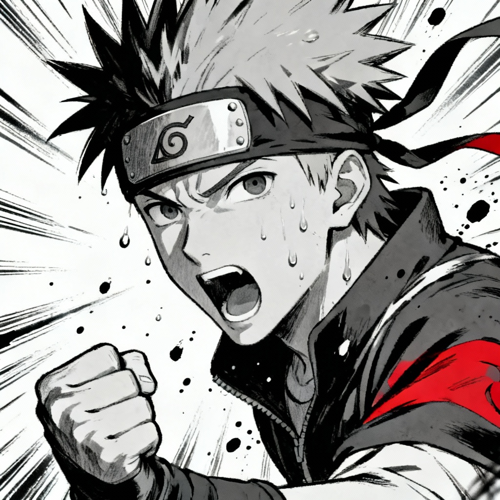 AI Naruto style manga panel close-up with dynamic lines