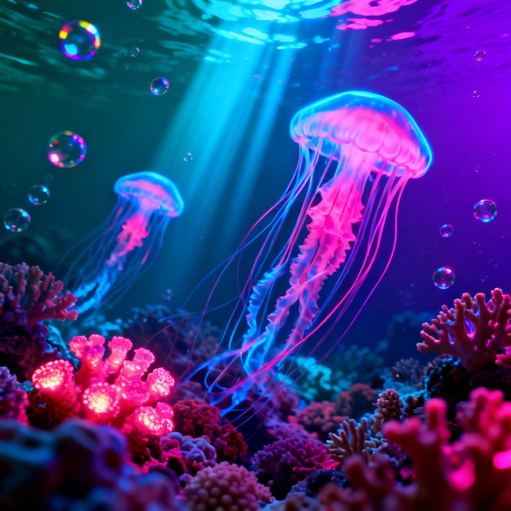 AI cyberpunk neon glowing jellyfish over coral reef