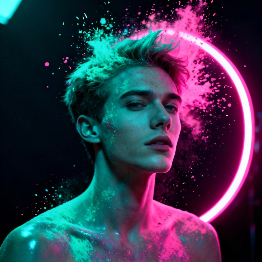 Neon powder burst portrait with sharp rim light