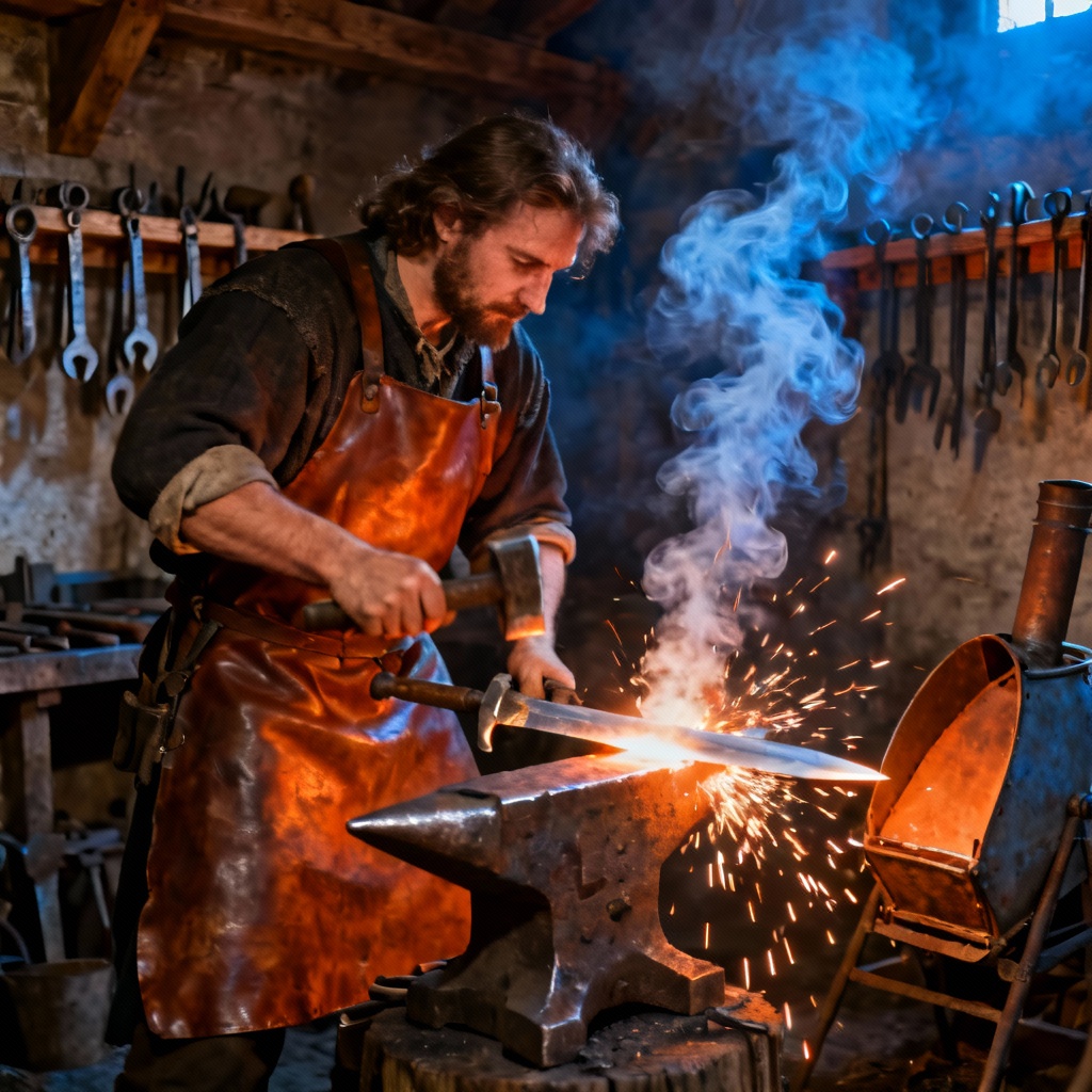 AI medieval blacksmith at forge