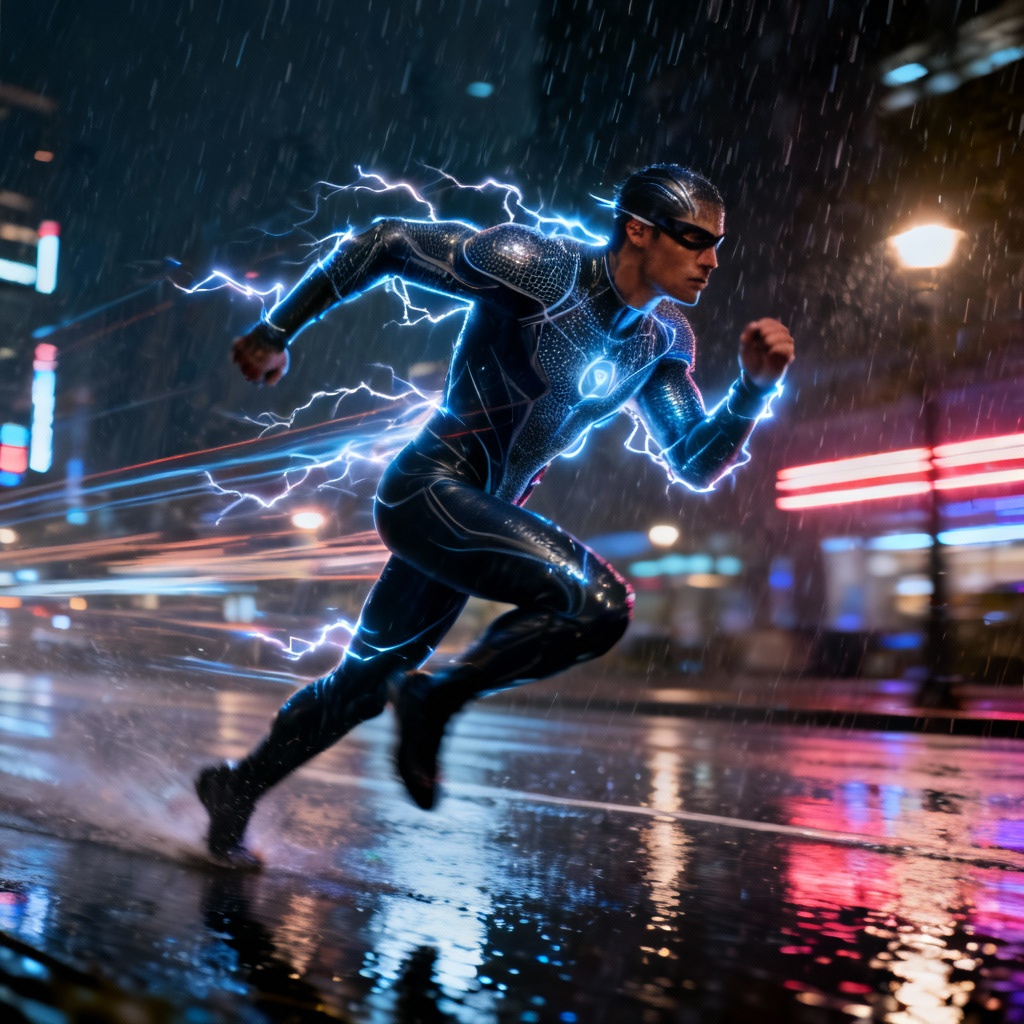 AI image of a superhuman speedster running through a city