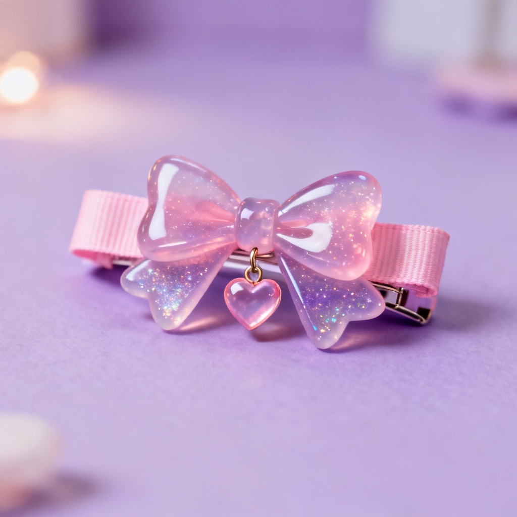 AI kawaii pink ribbon barrette with charm