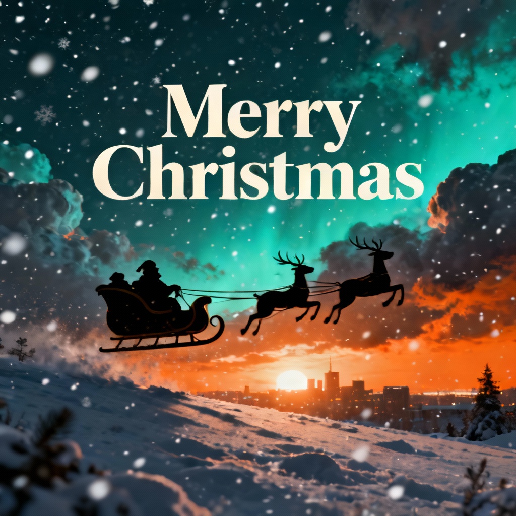 Cinematic Santa sleigh flying above a city at night