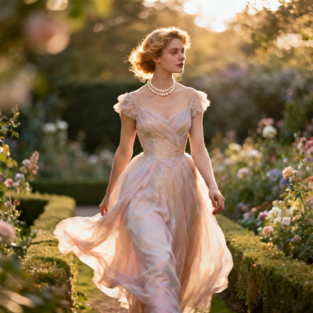 AI royal garden elegant woman in pastel ball gown