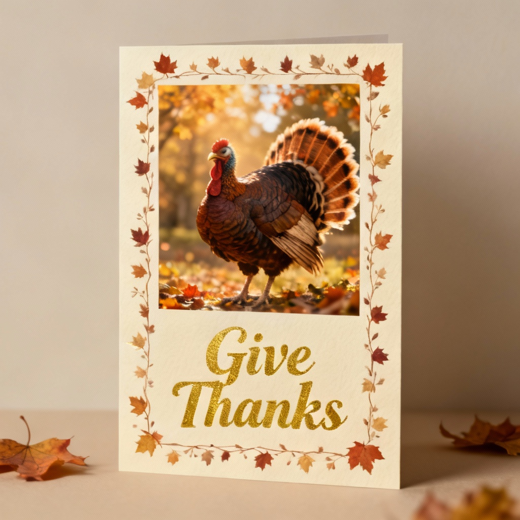 Thanksgiving card with turkey filter and gold foil caption