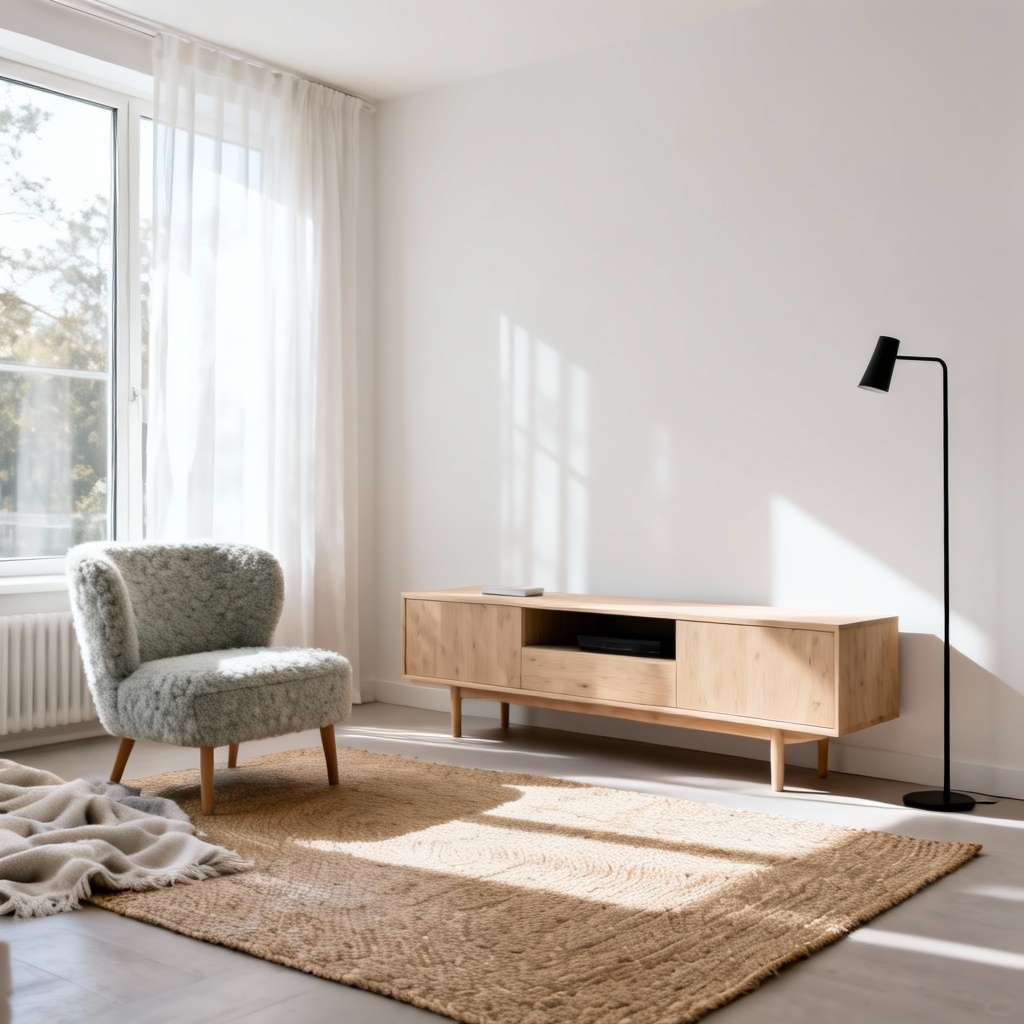 Scandinavian modern living space with soft neutrals and light wood