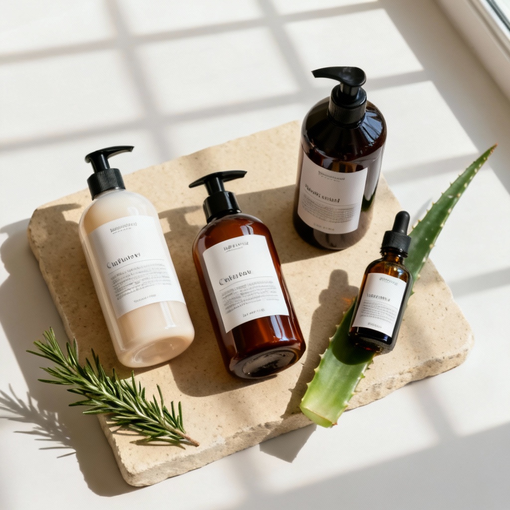 AI flat lay of hair care products with shampoo, conditioner, and serum on a clean background