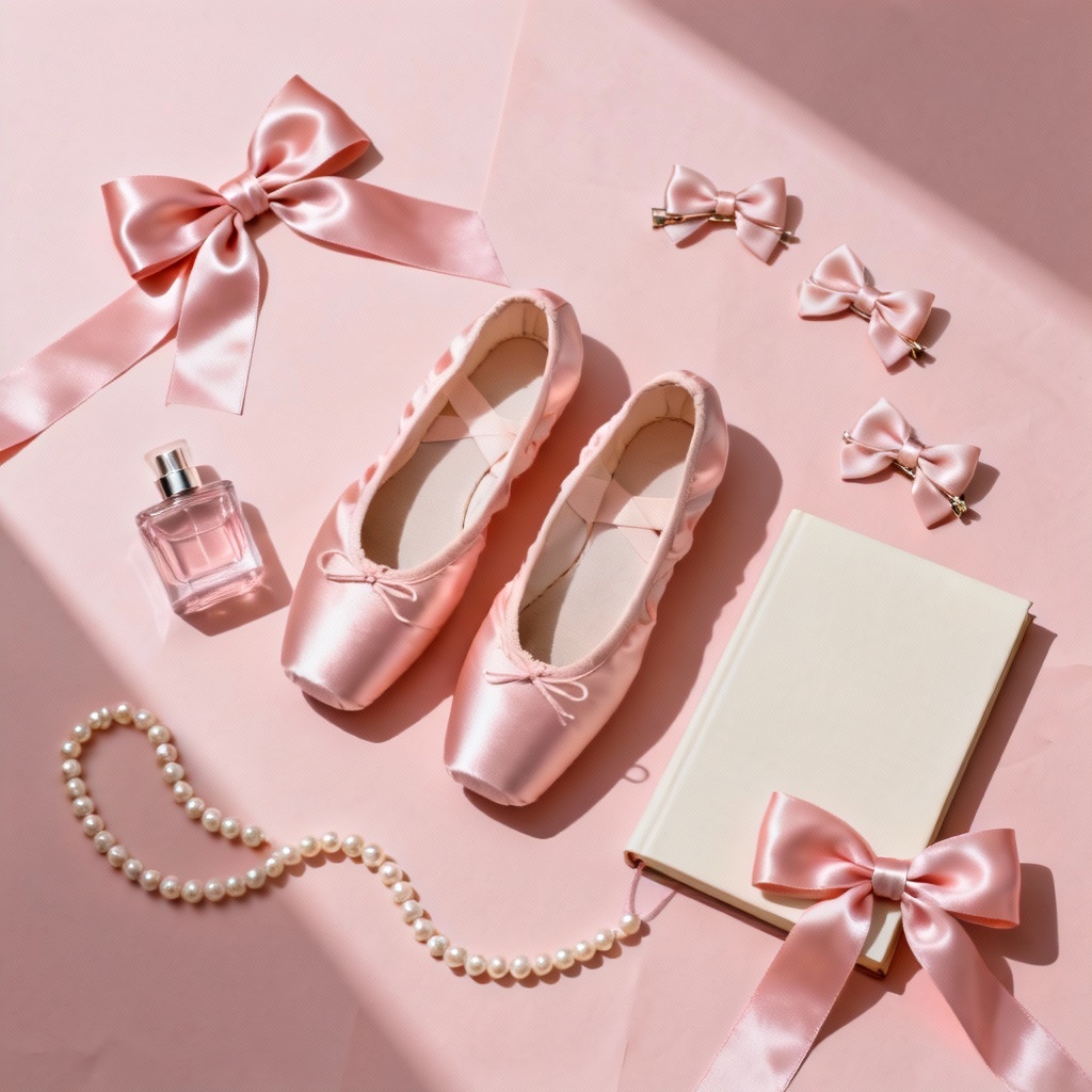 AI balletcore flatlay with ribbons, pearls, and ballet flats