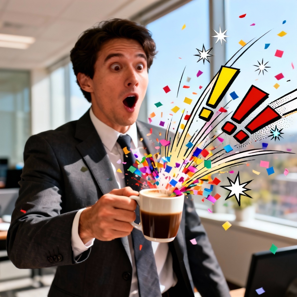 AI prank image of coffee mug bursting confetti