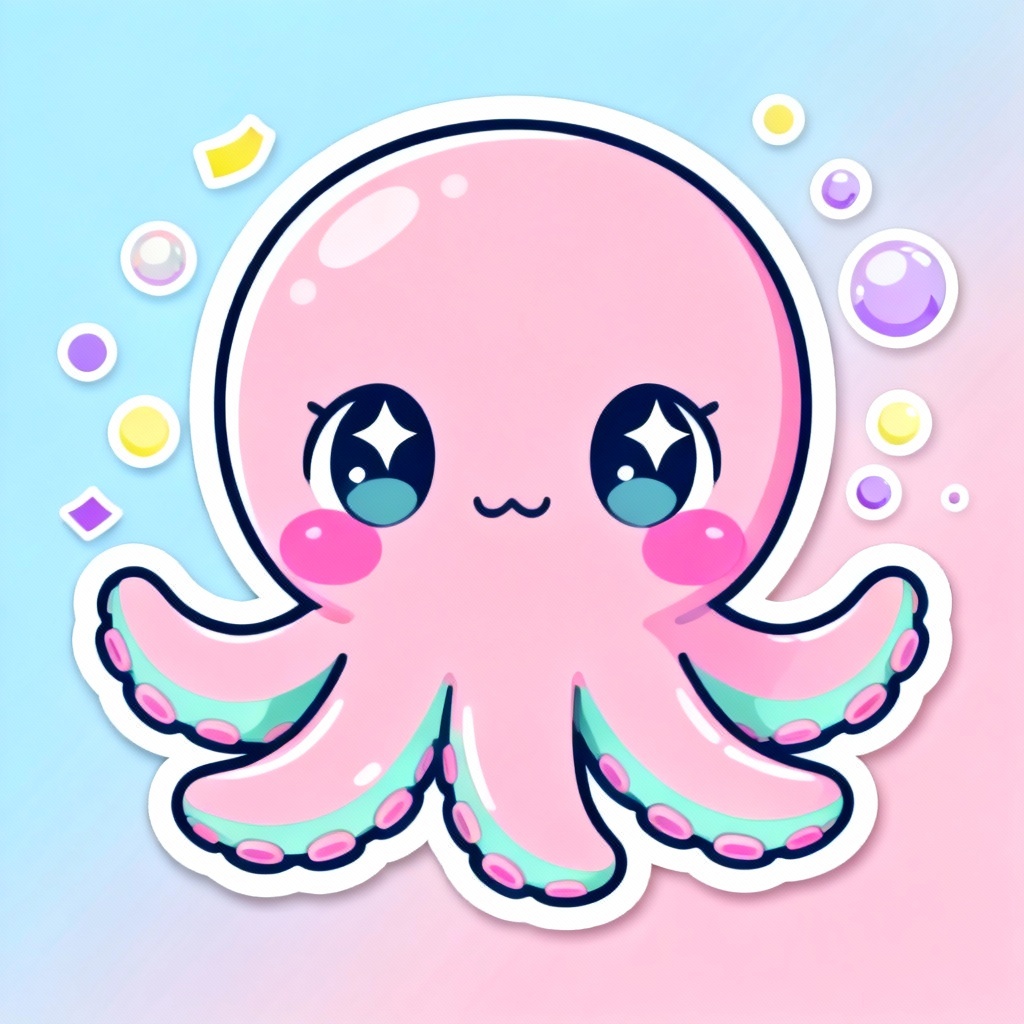 Cute cartoon pink octopus sticker in kawaii style