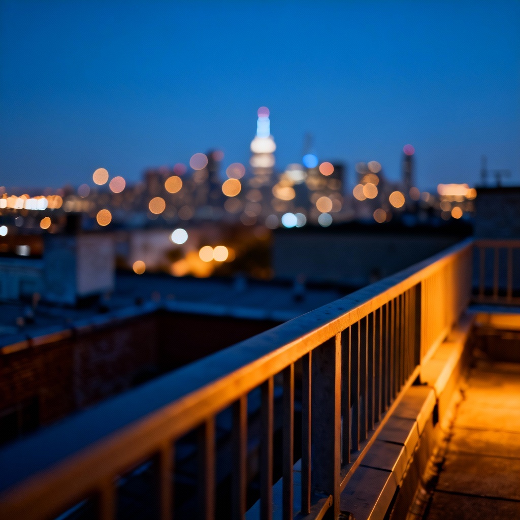 Rooftop city night scene with bokeh lights in background