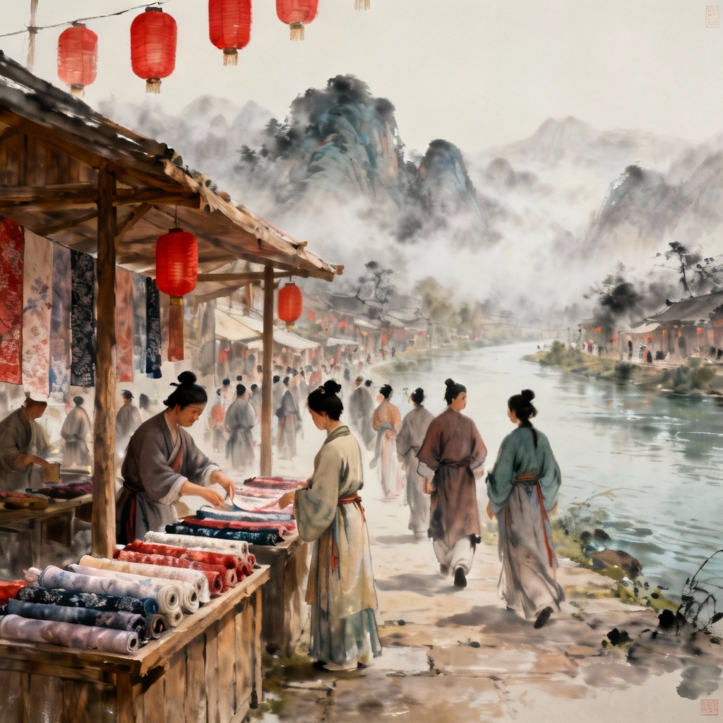 AI Han dynasty riverside market with lanterns
