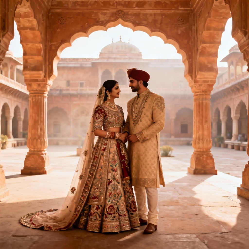 AI traditional royal prewedding in heritage courtyard