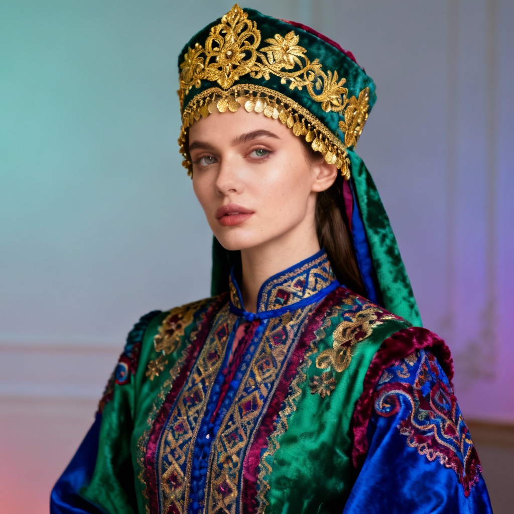 AI national costume pageant look with ornate headdress