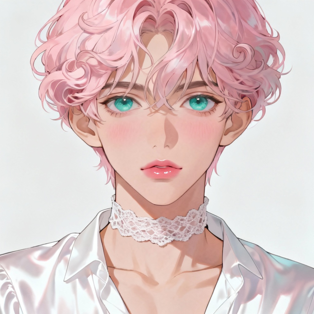AI femboy anime portrait with pastel hair and soft makeup