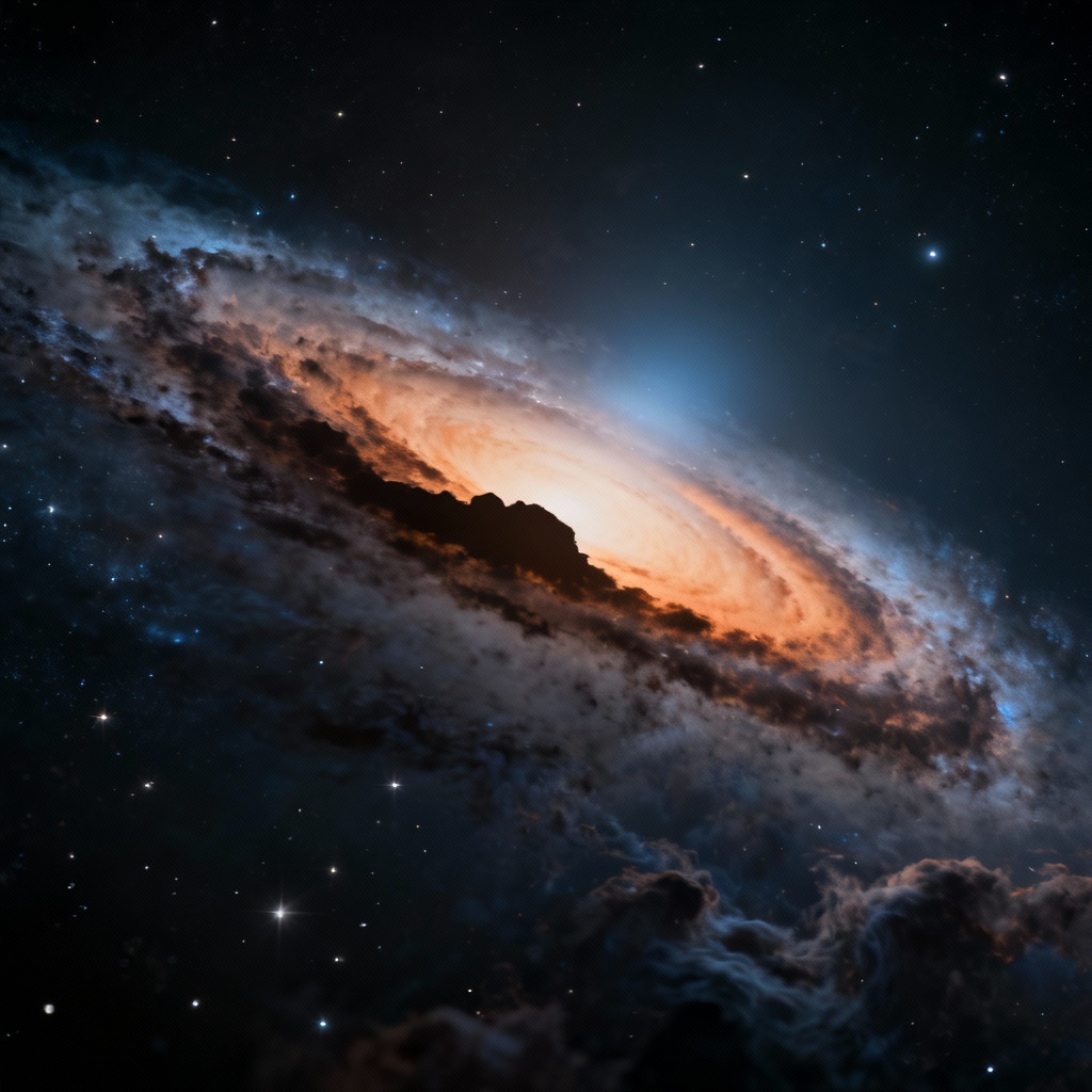 AI edge-on galaxy with glowing halo and dust silhouette