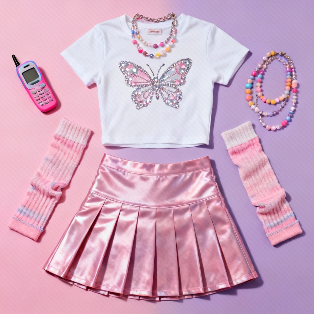 AI butterfly baby tee Y2K flat lay