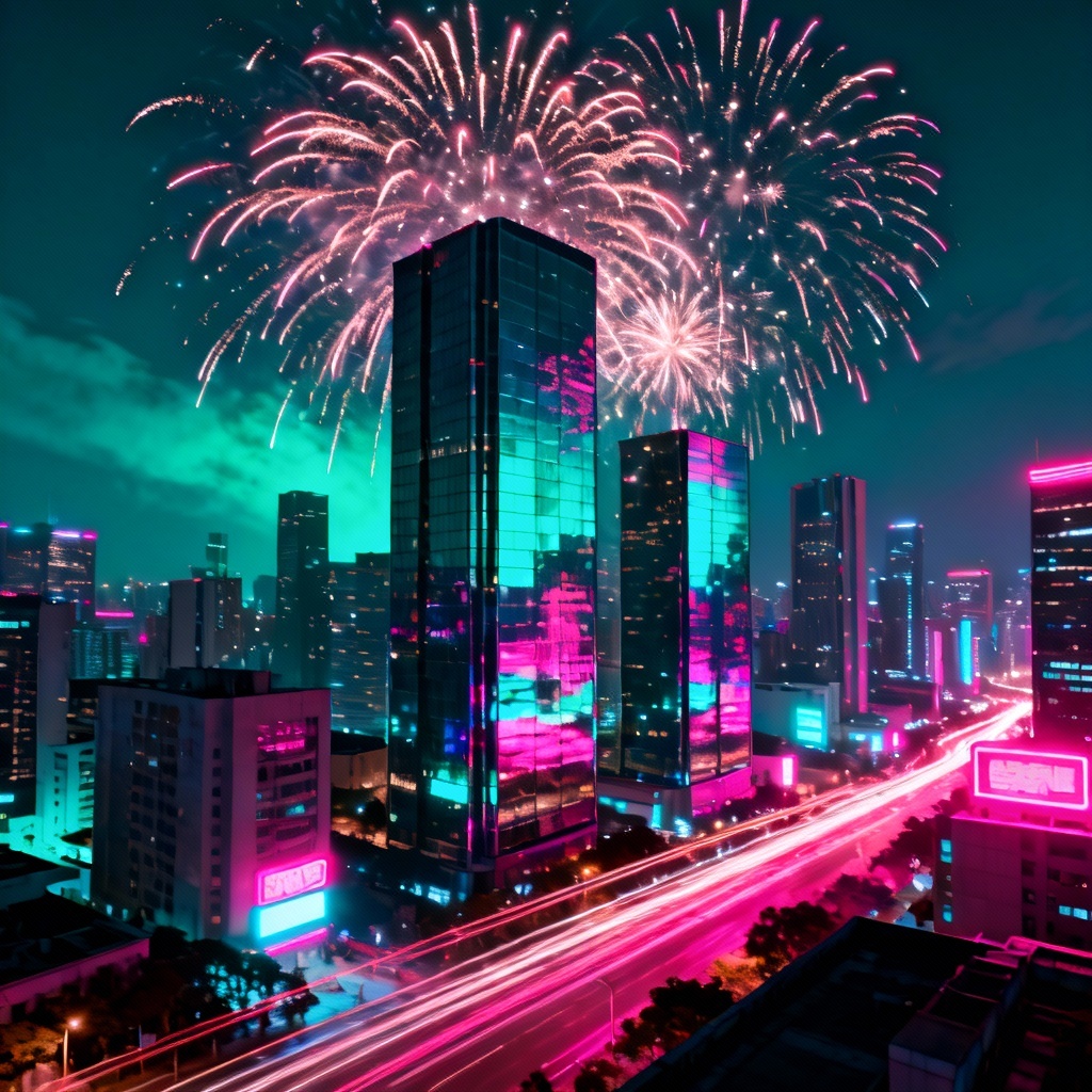 Neon city skyline with starmine fireworks