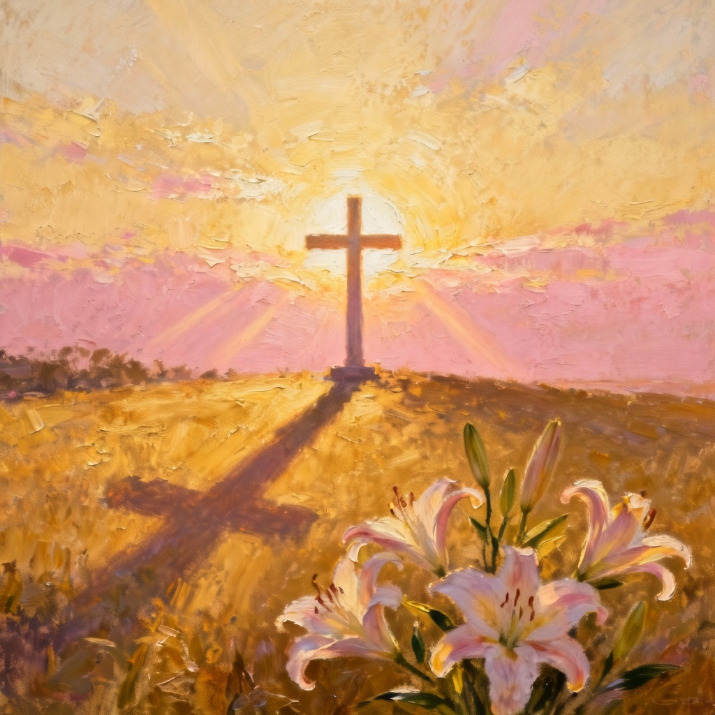 Serene Easter sunrise with church cross and lilies
