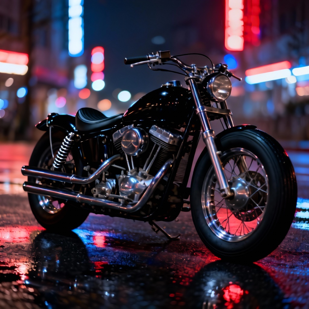 AI classic black bobber motorcycle at night with neon reflections